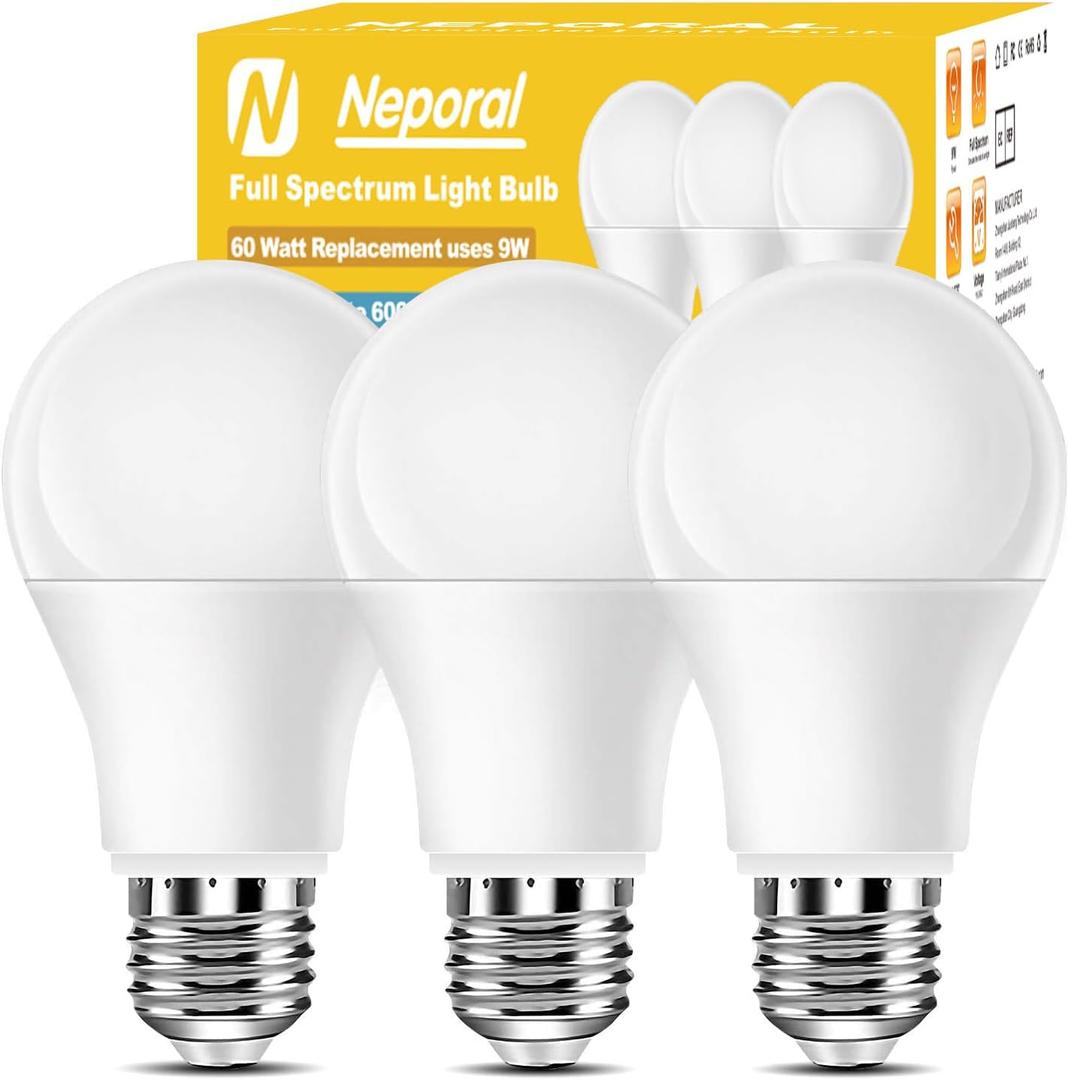 Full Spectrum Light Bulb, 6000K Natural Sunlight Bulbs, 9W 60W Equivalent LED Light Bulb, Natural Light Bulbs A19, E26/E27 LED Light Bulbs for Home, 3 Pack