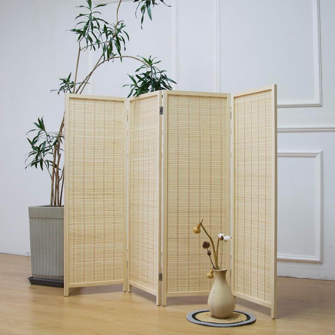 4 Panel Room Divider Short Folding Screen Divider,Double Sided Bamboo Divider Screen for Room Separation,Beige,47.2" H x 61.4" W