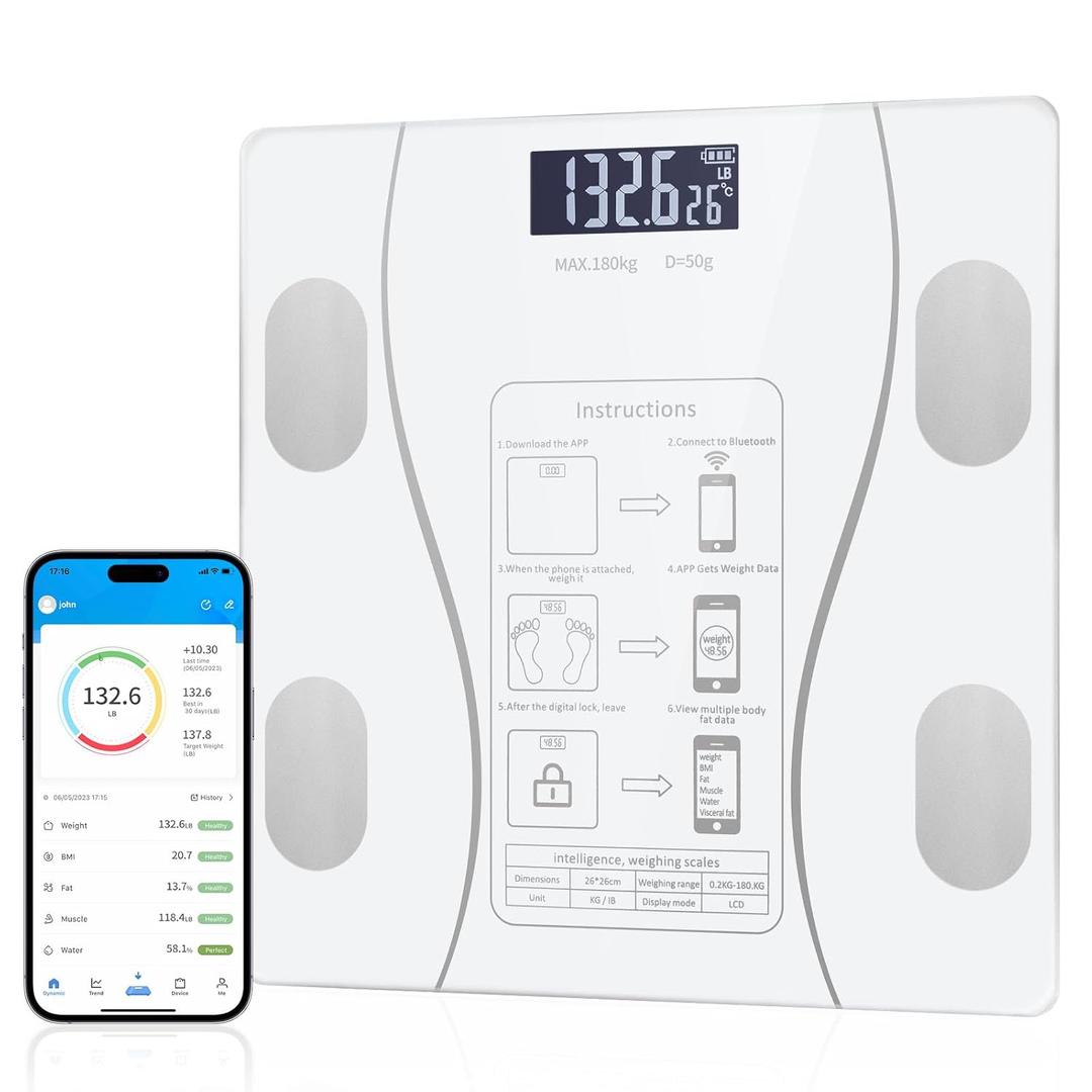Smart Scale for Body Weight: Digital Bathroom Scale for Weight Fat BMI Muscle Mass Full Body Composition Analyzer Bluetooth Highly Accurate Weighing Machine, 400 lbs (White)