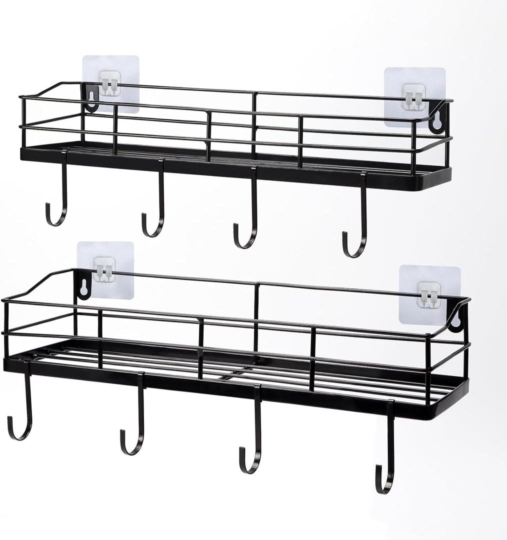 Lyeasw Black Floating Shelves Wall Mounted with 8 Removable Hanging Hooks, 15-Inch Adhesive Shower Shelf Organizer for Bathroom Kitchen Storage Rack, Set of 2