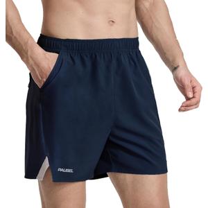 Men's Running Athletic Shorts 5 inch Quick Dry Workout Short Tennis Gym Shorts with Zipper Pockets Navy Blue L