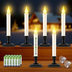 Enhon 6 Pack Battery Operated LED Window Candles, Dusk to Dawn Light Sensor, with Black Holders and Suction Cups, Ivory Christmas Window Candles, Amber Flicker Flame (Batteries AA Included)