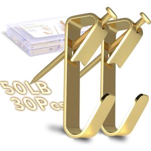 Picture Hangers, Picture Hooks for Hanging Pictures 50LB Frame Hooks Picture Hangers Heavy Duty Hardware Hanger Kit 30Pcs Wooden Wall Painting Hangers Hooks and Nails for Pictures (Gold)
