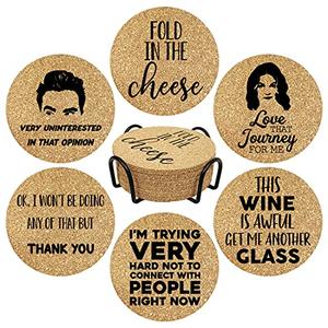 Funny Drink Coasters for SC Fans, 6 Pcs Coffee Coasters with Metal Holder, Fold in The Cheese TV Show Coasters, Cute Birthday Housewarming Gifts for Women Men Coworkers