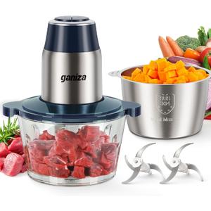 GANIZA Food Processors, Electric Chopper with Meat Grinder & Veggie Chopper - 2 Bowls with Powerful Copper Motor - Includes 2 Sets of Bi-Level Blades for Baby Food/Meat (Blue, 8 Cup+8 Cup)