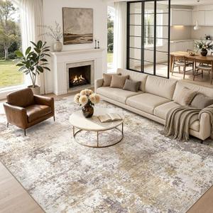 Nakagishi 9X12 Area Rugs for Living Room: Washable Modern Abstract Rug with Non-Slip Silicone Backing Low Pile Soft Carpet for Bedroom & Dining Decor Ideal for Families with Kids and Pets-Brown
