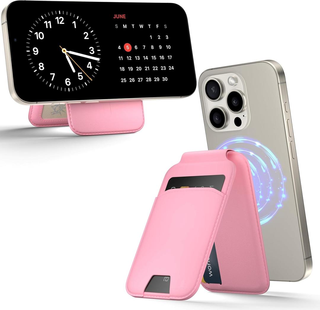 MagSafe Wallet Phone Stand, iPhone Wallet with Adjustable Stand, for iPhone 16/15/14/13/12 models, 5 card holder, iPhone Clock Stand, ID Holder, Magsafe Accessories (Pink)