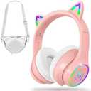 LOBKIN Bluetooth 5.4 Kids Headphones with Case - RGB LED Light Up Cat Ears Foldable Adjustable Over Ear Headphone Support Wireless or 3.5mm Wired Mode for Toddler & Girls & Boys Teens