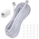 50Feet Long Telephone Extension Cord Phone Cable Line Wire, with Standard RJ11 Plug and 1 in-Line Couplers and 25 Cable Clip Holders-White (50FT)