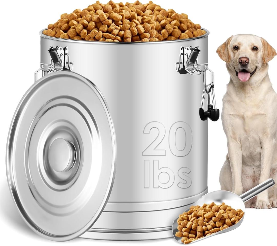 Stainless Steel Dog Food Storage Container,20LB/25LB Airtight Dog Food Storage Container with Lid to Keep Fresh,Easy Clean Large Pet Food Storage Container with Scoop for Cat Food,Chicken Feed,Rice, Stainless Steel