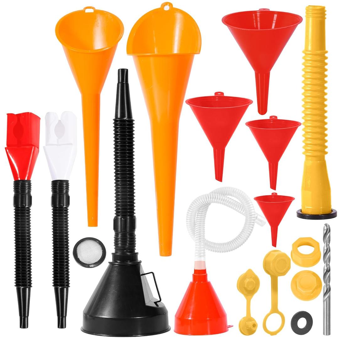 17 Pcs Automotive Funnel Set & Gas Can Spout Replacement, Plastic Long Neck Oil Funnel, Flexible Right Angle Funnels,Wide Mouth Fuel Funnels Gasoline Set for Water/Gasoline/Coolant/Engine Oil