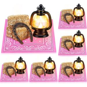Shihanee 36 Pcs Western Cowboy Table Centerpieces Cowgirl Party Decorations with Lucky Horseshoe Lanterns Hay Bales Cowboy Bandannas for Western Birthday Wedding Party Decorations(Pink)