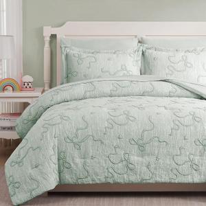 Geniospin Light Green Full Comforter Set for Girls- 7 Pieces Bowknot Jacquard Bed in A Bag Full Bedding Sets with Sheets, Pillowcases & Shams, All Season Kids Comforter Set