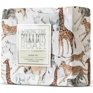 Where The Polka Dots Roam Safari Animals Queen Bedsheet Set for Kids - Jungle Adventure Bedding for Explorers, Includes Fitted Sheet, Flat Sheet and Pillowcases - Wildlife Wonders Decor for Boys Room