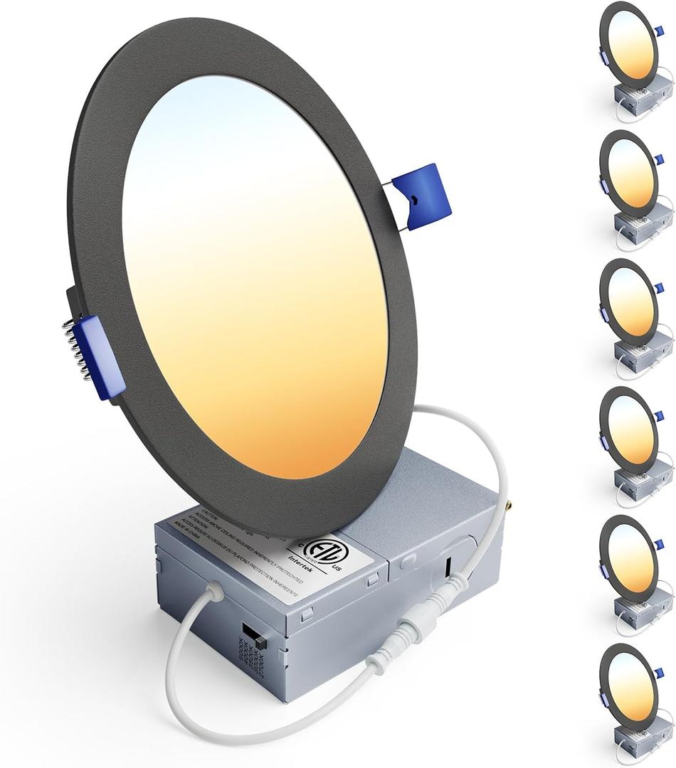 Ensenior 6 Pack 6 Inch LED Recessed Light, Dimmable, 2700K-5000K 5CCT, 1200LM High Brightness, 12W 120V, Damp Rated, Ultra-Thin Canless Wafer Light, Black - ETL & FCC & IC