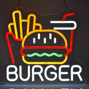 Burger Fries Neon Sign for Wall Decor Art Hamburger French Fries LED Neon Light 12.6" x 11.8" Fast Food Business Signs for Home Restaurant Bar Man Cave Decoration