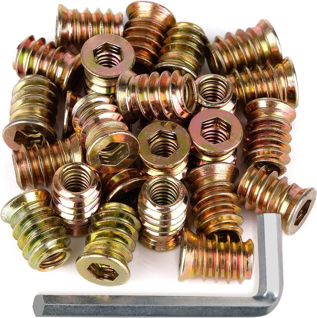 80Pcs Anwenk 1/4"-20 x 15mm Furniture Screw in Nut Threaded Wood Inserts Bolt Fastener Connector Hex Socket Drive for Wood Furniture Assortment (with Hex Spanner)