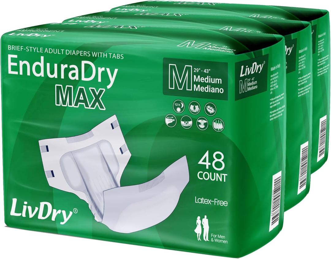 LivDry EnduraDry Max Adult Diapers with Tabs, Up to 12-Hours, Super Absorbent Incontinence Underwear, Leak Protection Briefs, Medium, 48-Pack