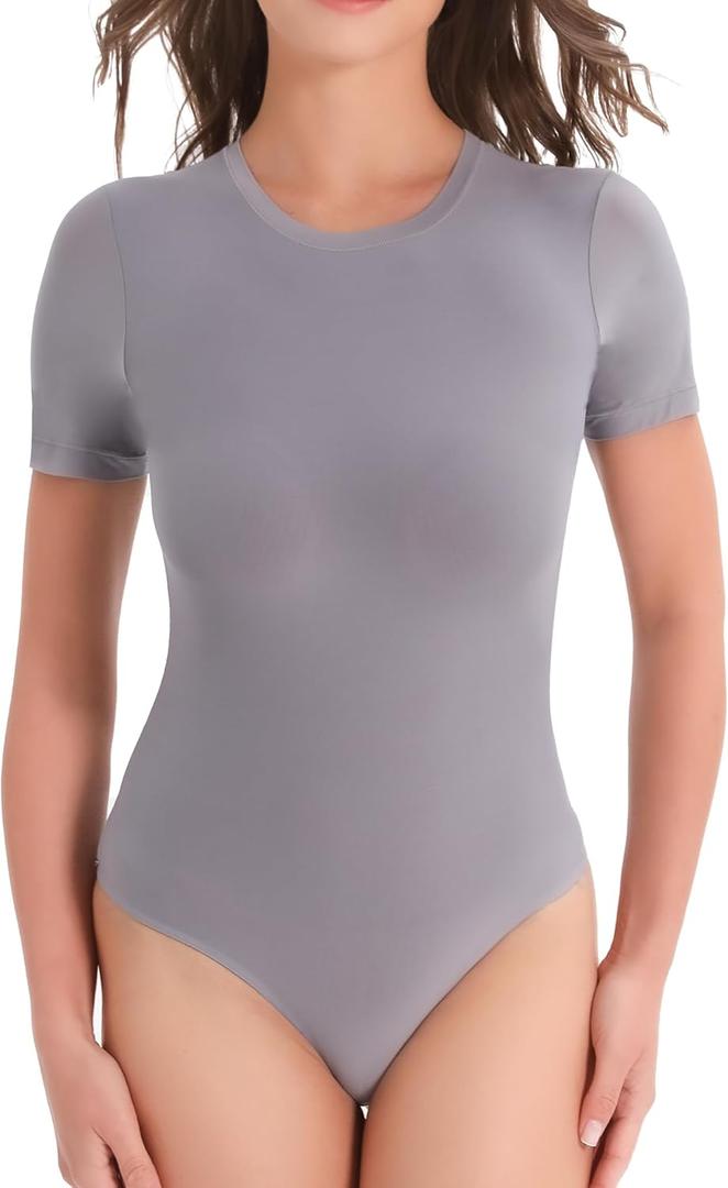 Women's Crew Neck Short Sleeve Bodysuit Slimming Fit T-Shirt Body suit Top Neutral Collection (Medium)