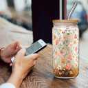 Floral Iced Glass Cups with Bamboo Lids and Straws 16oz Wildflower Coffee Cup Gift for Women Cute Flower Drinking Glass with Cleaning Brushes, Flower Gifts for Mother 's Day Birthday Bridesmaid Party