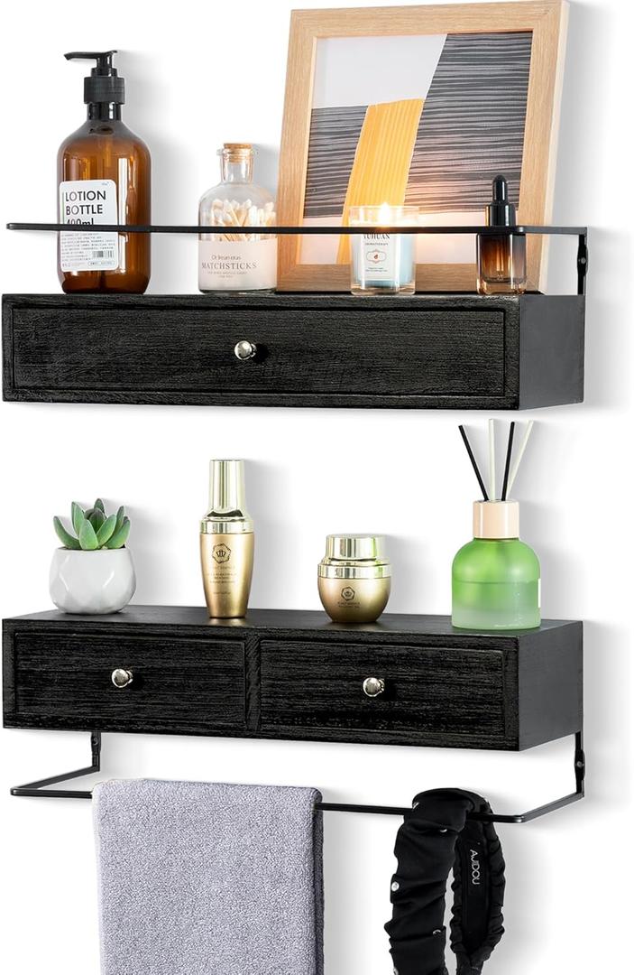 dreampossible 2Pack Rustic Floating Shelves with Drawer, Black, 15.8 Inch Long, WallMounted, Bathroom, Kitchen, Living Room Storage
