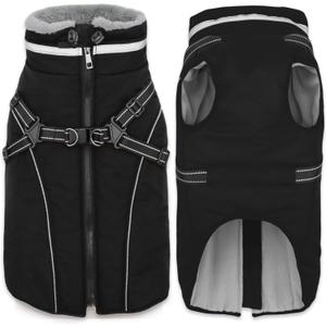 Fragralley Dog Coat with Harness Built in, Waterproof Windproof Reflective Warm Puffer Jacket, Fleece Lined Vest Winter Parka for Large Dogs (Black)