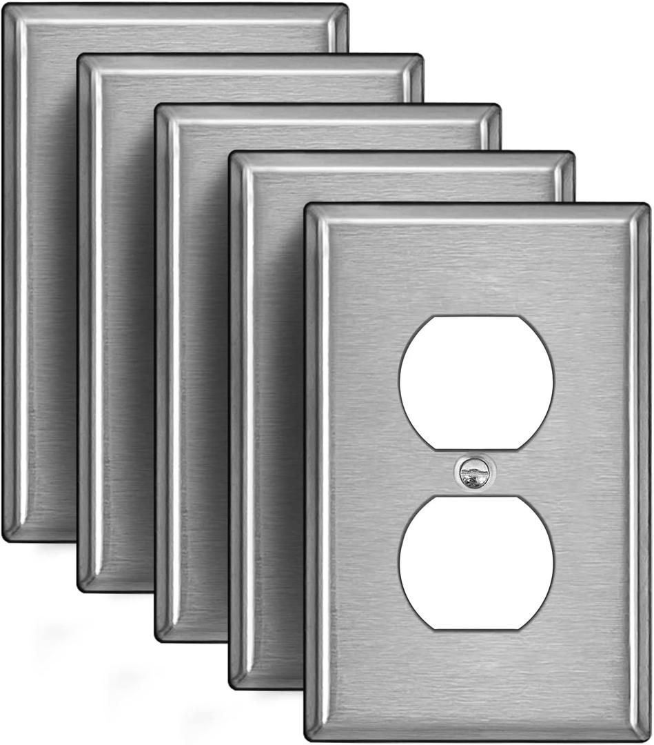 [5 Pack] BESTTEN 1-Gang Over-Size Duplex Metal Wall Plate with Protective Film, Jumbo Receptacle Outlet Cover, Corrosion-Resistant Stainless Steel Wall Plate, Brushed Finish, Silver