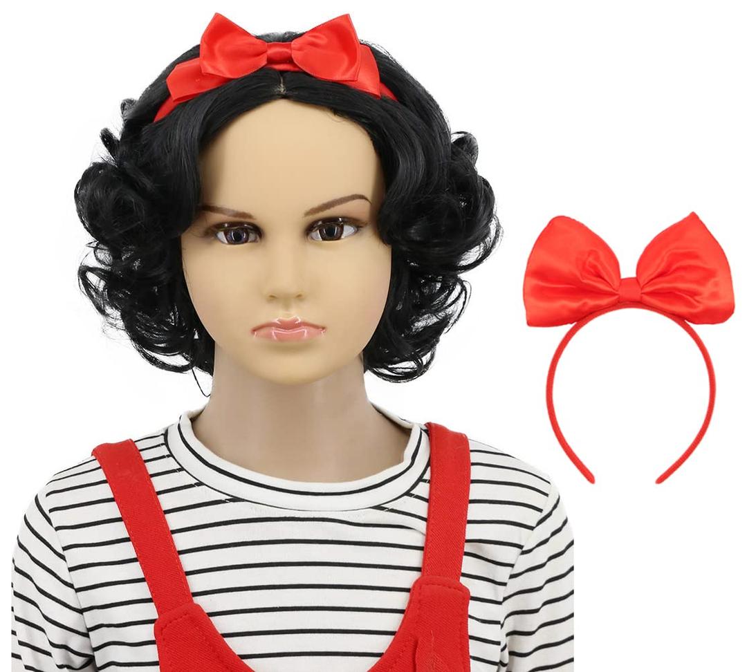 karlery Kids Girls Short Bob Wave Black Wig with Red Bow Princess Halloween Cosplay Costume Anime Party Wig