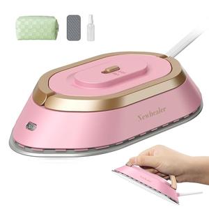 Newbealer Travel Iron with Dual Voltage - 120V/220V Mini Dry Iron for Clothes (No Steam), Non-Stick Ceramic Soleplate, 302℉ Heat Press Machine for Quilting & Sewing, 0.95lbs Lightly (Pink)