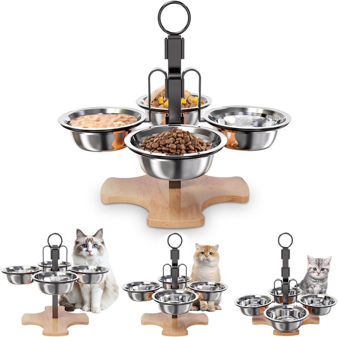 Adjustable Elevated Cat Bowls with Stand, 3 Height Raised Food & Water Bowl Set for Indoor Cats, 4 Stainless Steel Tilted Pet Dishes for Small Dogs, Non-Slip Feeding Station with Anti-Spill Design
