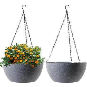 WSMKSZ 13 inch Large Hanging Planters Plant Pots for Outdoor Indoor Plants with Drainage Holes and Chain, 2 Pack Round Hanging Flower Pots for Garden Home Porch Decor, Speckled Grey