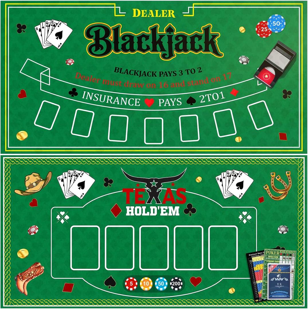 2-in-1 Double Sided Felt Casino Mat, 35 x 70 Inch Large Poker Table Cover, Professional for Texas Holdem & Blackjack with Instruction Booklet