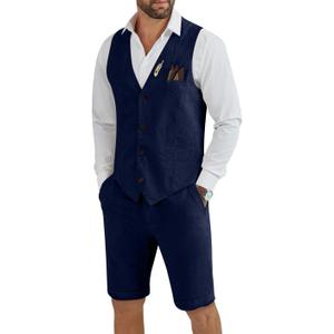Men's Linen 2 Piece Suit Slim Fit Wedding Groom Groomsmen Summer Vest Shorts Set New Navy Blue L