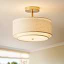 Double Drum Semi Flush Mount Ceiling Light, 3-Light Fabric Linen Shade Design Farmhouse 12.6'' Gold Light Fixture for Living Room, Bedroom, Kitchen, Dining Room, Entryway, Hallway