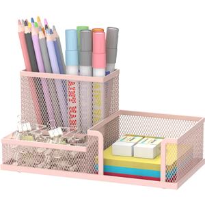 SUPEASY Mesh Pen Holder Desk Organizer, Office Supplies Pencil Storage with 3 Compartments, Office Desk Accessories and Workspace Organizers for Home School Classroom, Pink