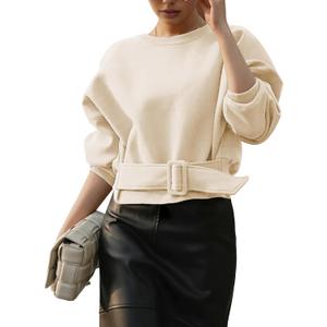 Womens Long Sleeves Cropped Sweatshirts Belted Lace Up Tops Crewneck Y2K Pullover 2025 Fall Outfit, Medium