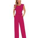 BSXIJIE Women’s Summer Causal Crew Neck Jumpsuits Ruffle Cap Sleeve Belted High Waist Wide Leg One Piece Pants Romper XJ1044 fuchisa XL