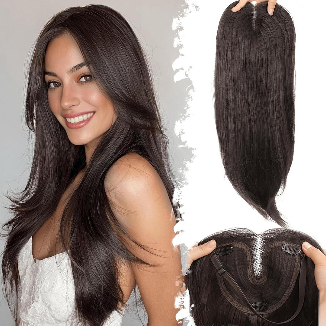 Eawwii Dark Brown Synthetic Hair Toppers for Women with Thinning 5x6 inch Large Base Coverage Clip in Wispy Bangs Upgraded Adjustable Bandage 24 Inch Long Layered