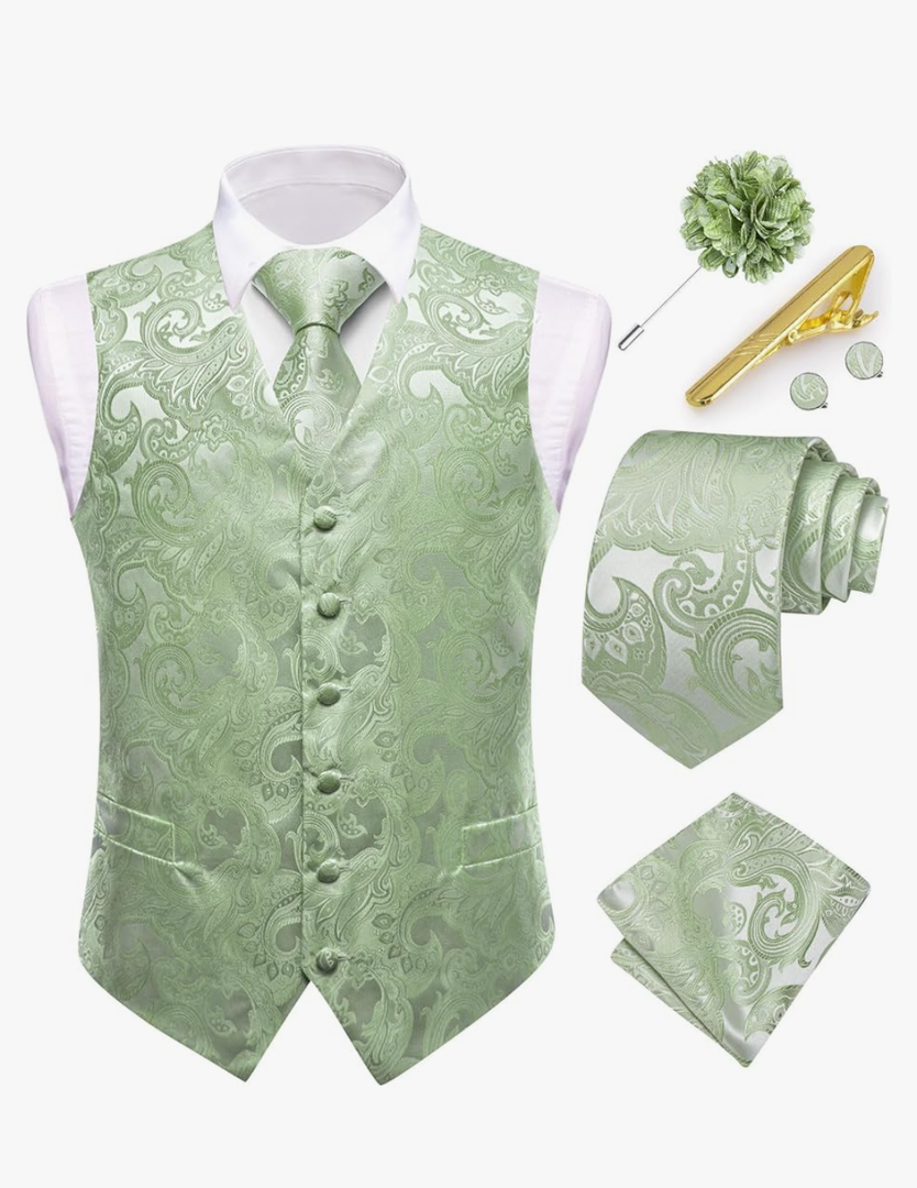 Dubulle Mens Vest and Tie Set Paisley Floral Waistcoat Neckties for Men Lapel Pin Clip Set Wedding Business L