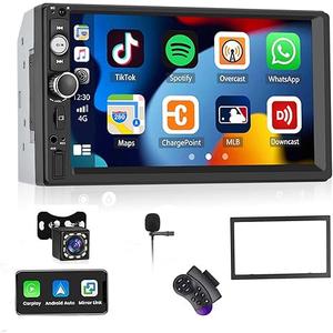 UNITOPSCI Double Din Apple CarPlay Car Stereo with Android Auto Bluetooth 7 Inch Touch Screen 2 Din Car Radio Car Multimedia MP5 Player AUX/USB/TF Card Input Mirror Link with Backup Camera Mic