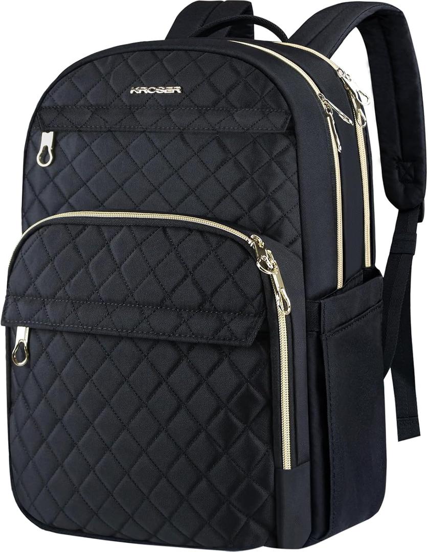 KROSER Laptop Backpack 15.6 Inch Stylish Daypack with USB Charging Port, Water-repellent Nylon Backpack Backpack for Travel/Business/Women/Black