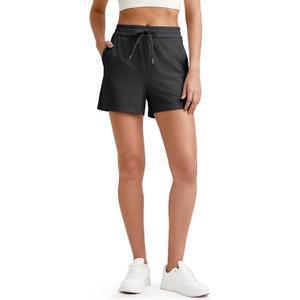 G4Free Ribbed Womens Athletic Shorts High Waisted Drawstring Gym Running Shorts with Pockets (Black, L)