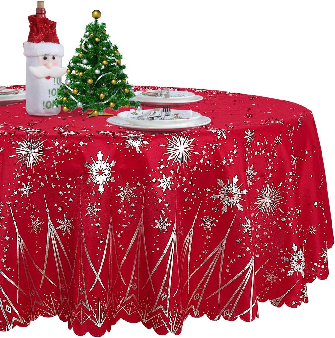 LUSHVIDA Christmas Round Table Cloth  Washable Water Resistance Holiday Microfiber Tablecloth Decorative Table Cover for Banquet Party Kitchen Dining Room, 60 Inch (Snow-foil Print)