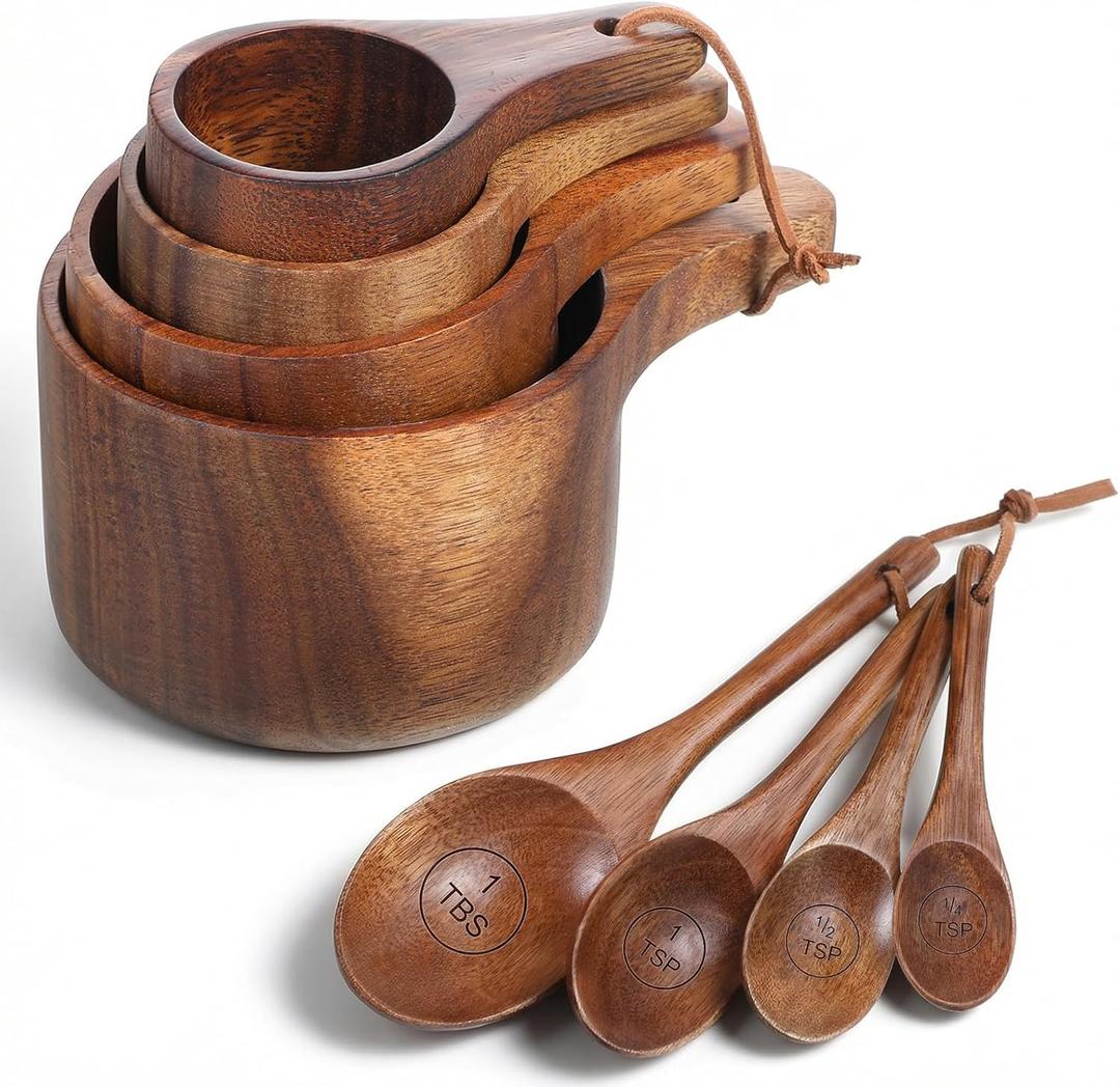 8 Pcs Wooden Measuring Cups And Spoons Set, Solid Acacia Wood, Laser Engraved Measurements, Nesting Design, Kitchen Accessories for Dry Ingredients, Baking and Cooking