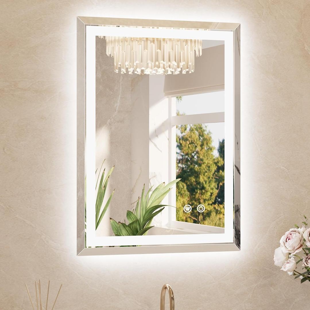 TETOTE Led Bathroom Mirror with Lights 22 x 30 Inch, Beveled Lighted Vanity Front and Backlit Anti-Fog Mirror Wall Mounted for Modern Bathroom, 3-Color Extra-Bright Lights, Tempered Glass