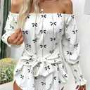 SOLY HUX Women's Bow Print Off The Shoulder Tops Tie Front Lantern Long Sleeve Blouse Shirt (S)