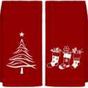 Red Kitchen Towels Set of 2, Stocking Tree Decorative Hand Towels for Bathroom, Christmas Dish Towels for Kitchen, Christmas Kitchen Bathroom Decor, 16x24 Inches
