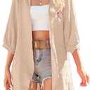 Yekaty Cardigan for Women 3/4 Sleeve Lightweight Summer Kimono Cardigan Loose Beach Cover Up 2026 (Beige, XXXL)