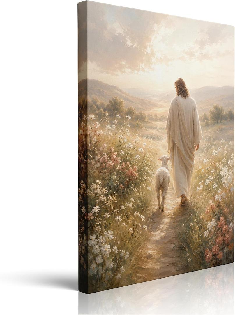 Christian Jesus Canvas Wall Art Framed Pastoral Lamb Home Decor 16x24 Inch