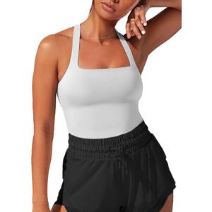 FlexLux Womens Square Neck Longline Sports Bra Racerback Yoga Bra Workout Crop Tank Tops with Built in Bra (White)